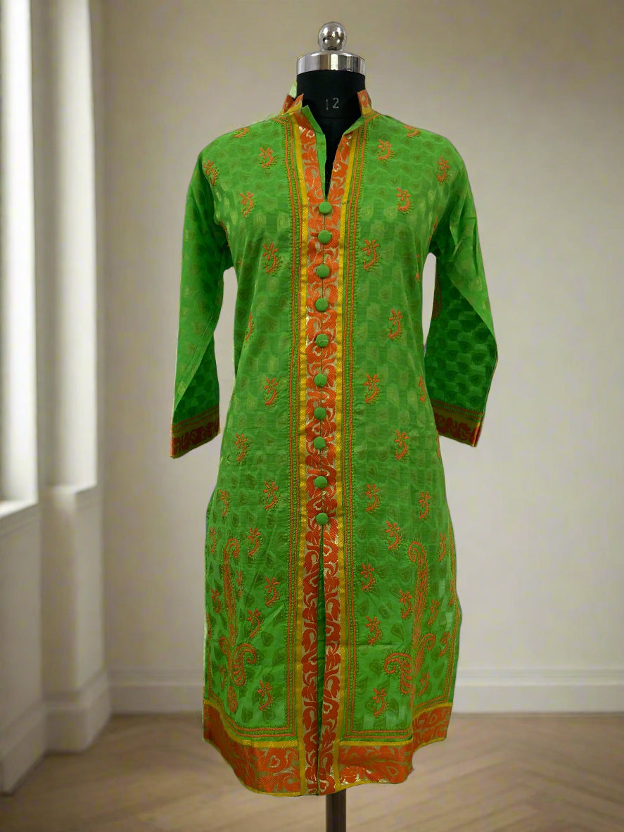 Lucknowi Chikankari Green Chanderi Kurti-PE00010