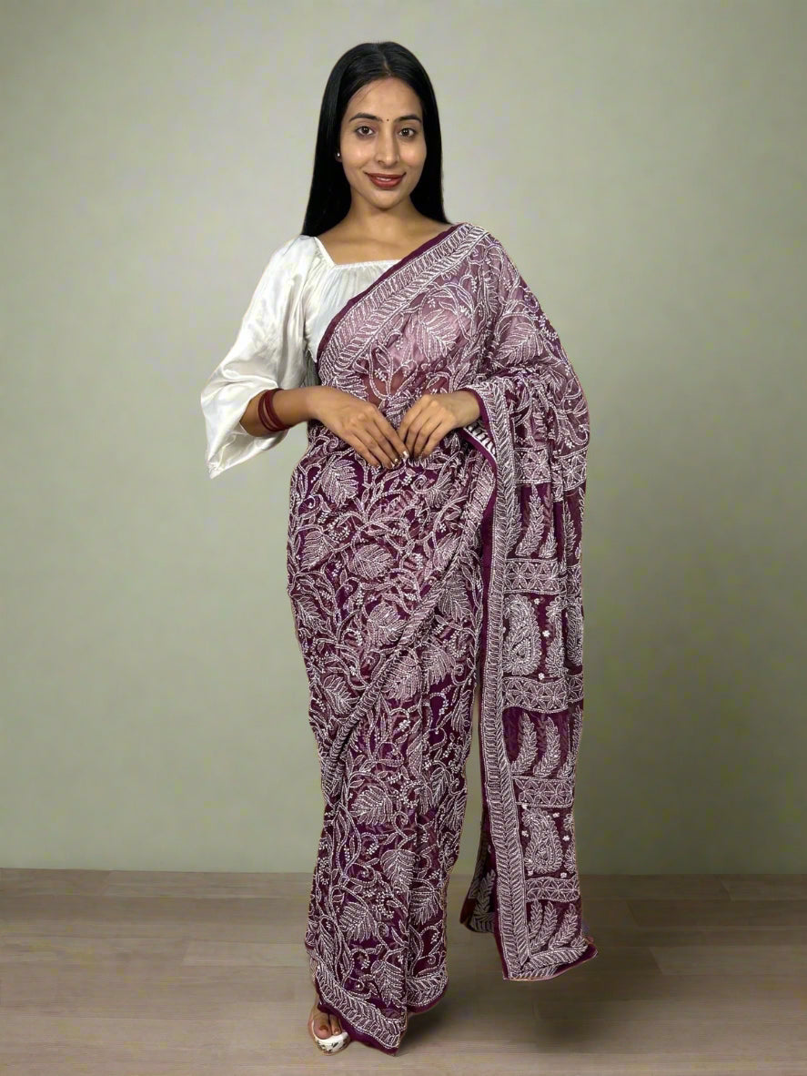 Lucknowi Chikankari Wine Georgette Saree (With Blouse)-PF100005