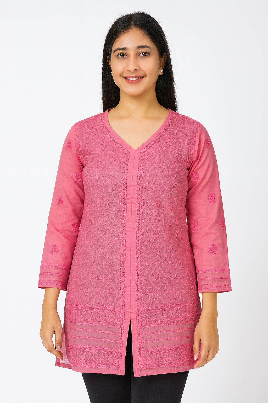 Lucknowi Chikankari Pink 'Shagufta' Cotton Short Kurti-T40021