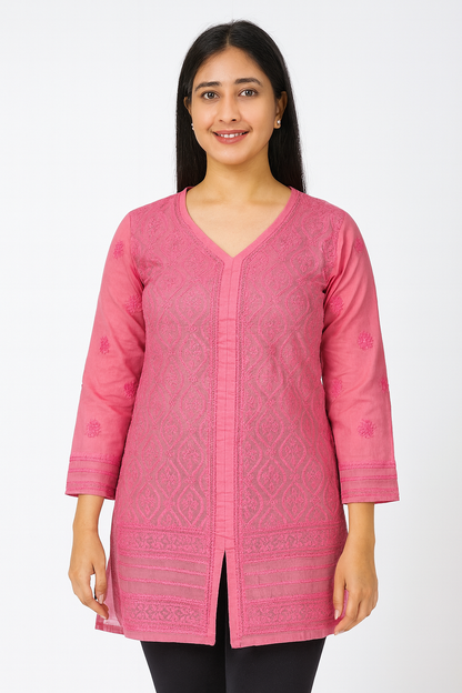 Lucknowi Chikankari Pink 'Shagufta' Cotton Short Kurti-T40021