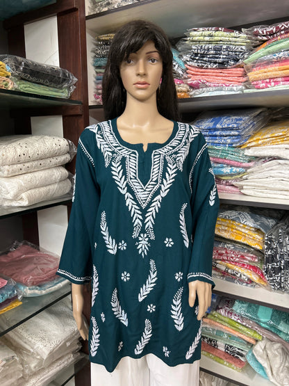 Lucknowi Chikankari Green 'Bahar' Rayon Short Kurti-T000079