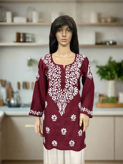 Lucknowi Chikankari Maroon Modal Short Kurti-T000047