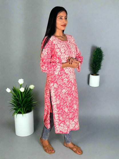 Lucknowi Chikankari Pink Printed Cotton Kurti-K000069