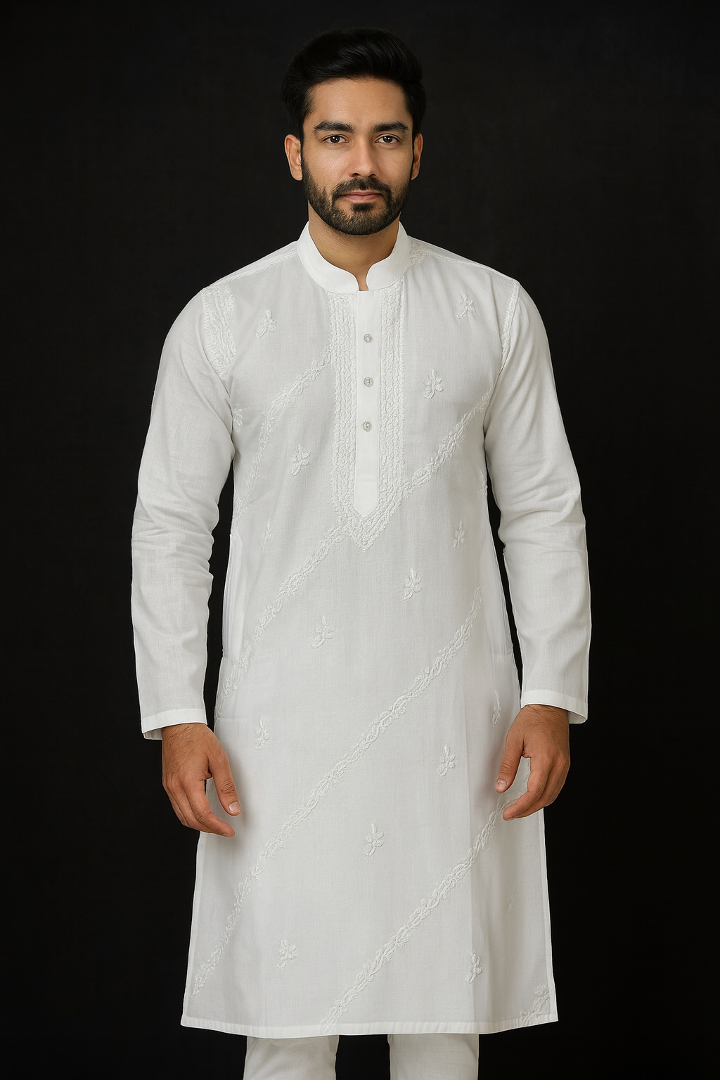 Lucknowi Chikankari White 'Ujaala' Cotton Gents Kurta-GK50002