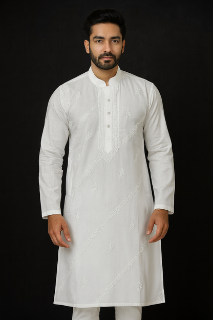 Lucknowi Chikankari White 'Ujaala' Cotton Gents Kurta-GK50002