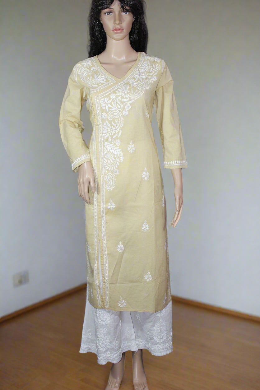 Lucknow Chikankari Fawn Cotton Angrakha- K30032