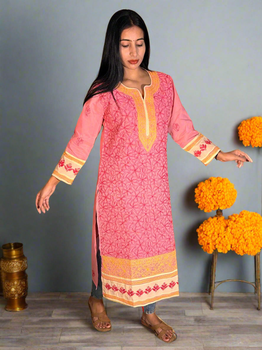 Lucknowi Chikankari Pink Cotton Kurti-K000001