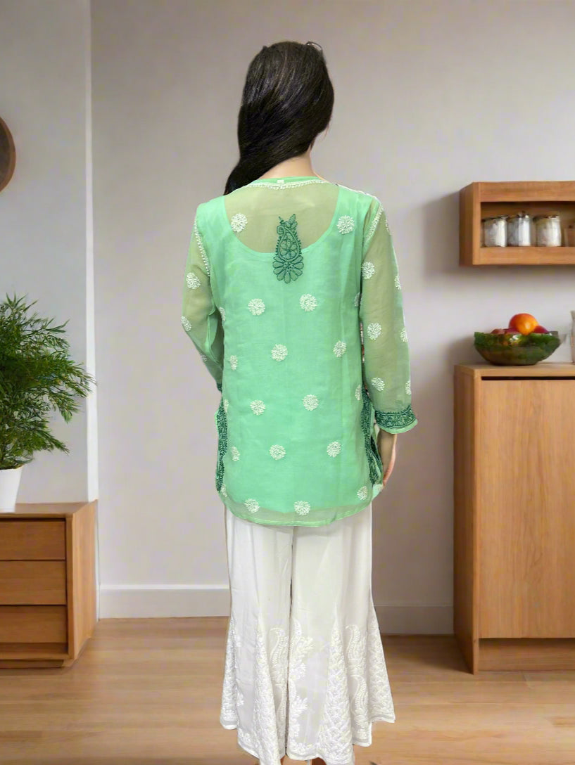 Lucknowi Chikankari Green Georgette Short Kurti-T30007