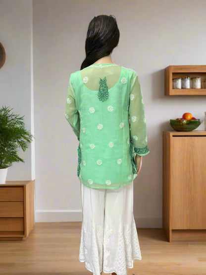 Lucknowi Chikankari Green Georgette Short Kurti-T30007