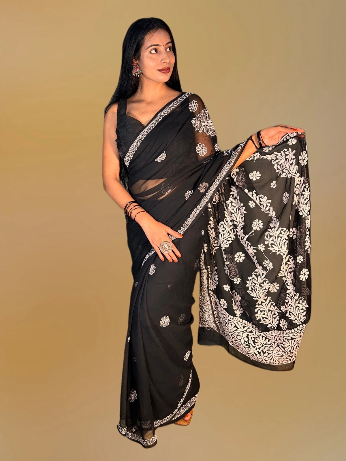 Lucknowi Chikankari Black Georgette Saree (With Blouse)-S00006