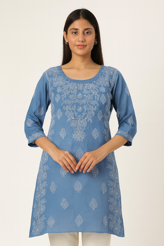 Lucknowi Chikankari Blue 'Aab-e-Asmaan' Viscose Short Kurti-T30010