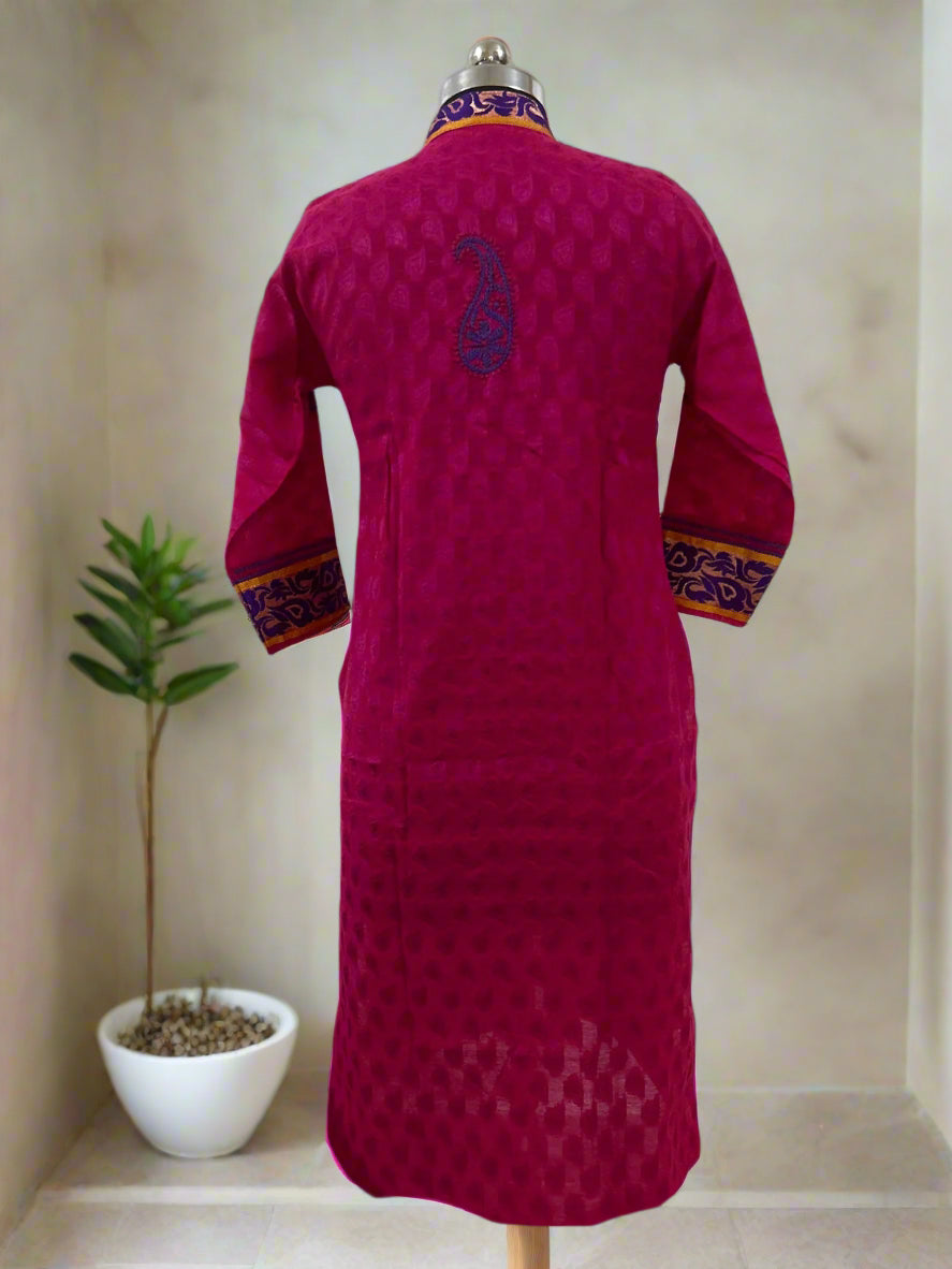 Lucknowi Chikankari Magenta Chanderi Kurti-PE00004