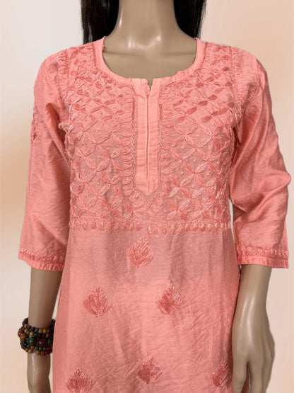 Lucknowi Chikankari 'Aarooi' Peach Chanderi Short Kurti-T000022