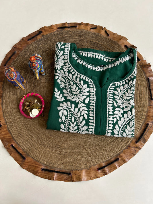 Lucknowi Chikankari Green Rayon Kurti-K50076