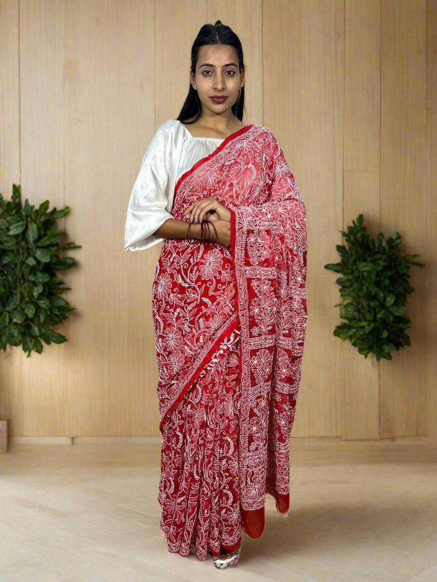 Lucknowi Chikankari Red Georgette Saree (With Blouse)-PF100007