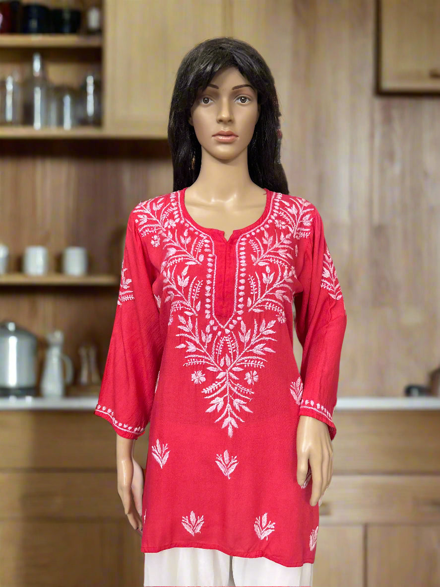 Lucknowi Chikankari Coral Pink Rayon Short Kurti-T000073