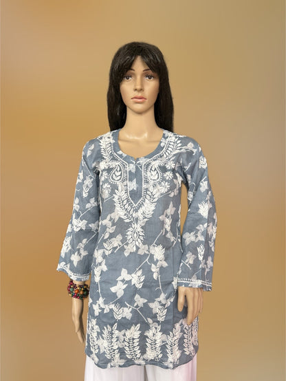 Lucknowi Chikankari Grey 'Dhoondhla' Printed Cotton Short Kurti-T000004