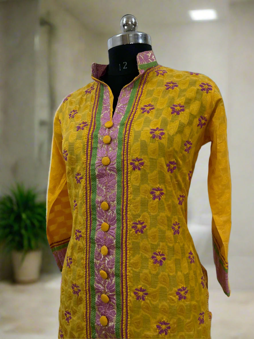 Lucknowi Chikankari Yellow Chanderi Kurti-PE00002