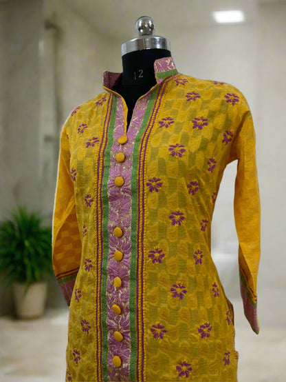 Lucknowi Chikankari Yellow Chanderi Kurti-PE00002