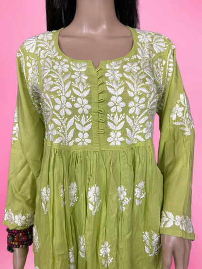 Lucknowi Chikankari Green 'Bahar' Modal Short Kurti-T000033