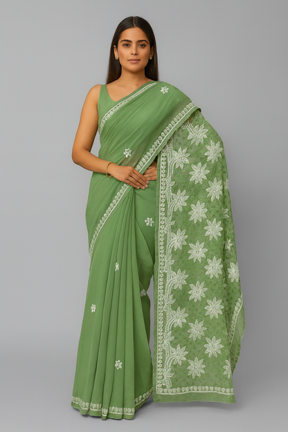 Lucknowi Chikankari Green 'Bahar' Georgette Saree (With Blouse)-S00040