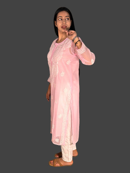 Lucknowi Chikankari Pink Georgette Kurti-K000047