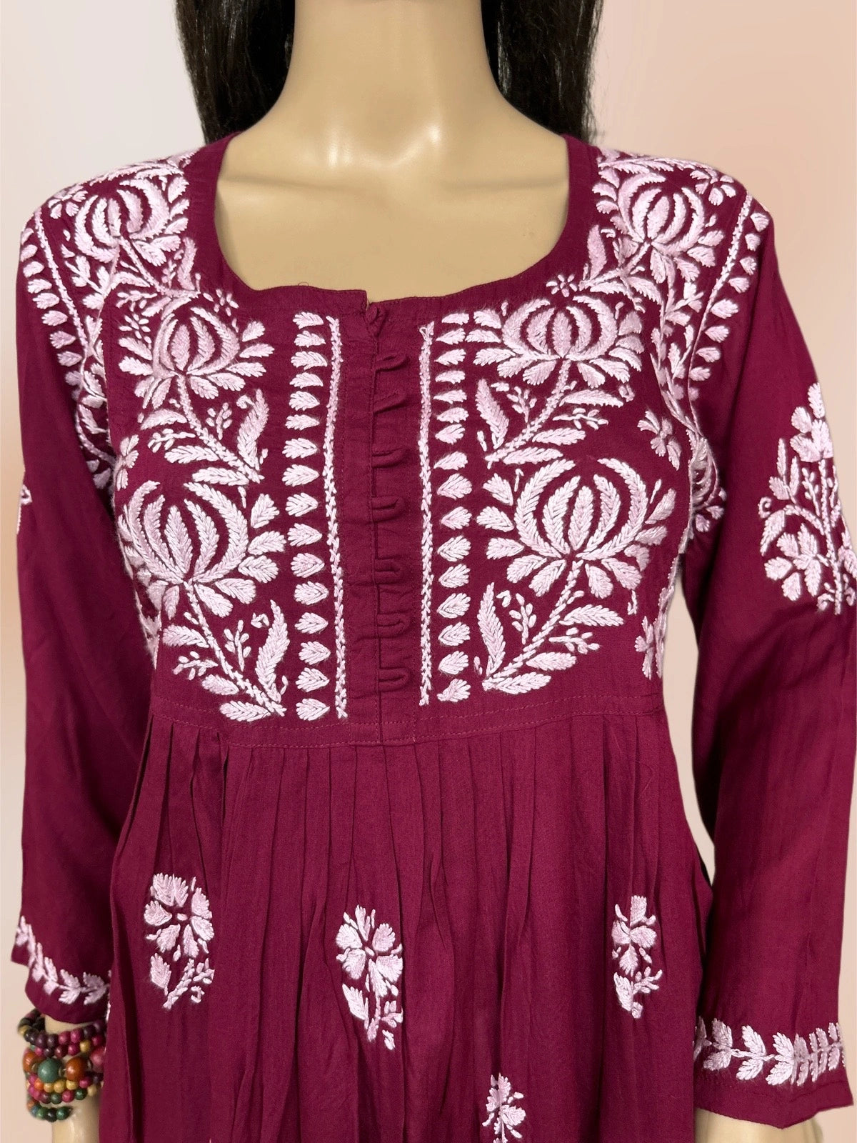 Lucknowi Chikankari Maroon 'Surkh' Modal Short Kurti-T000039