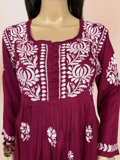 Lucknowi Chikankari Maroon 'Surkh' Modal Short Kurti-T000039
