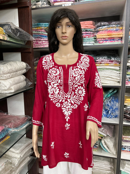 Lucknowi Chikankari Red 'Surkh' Rayon Short Kurti-T000064