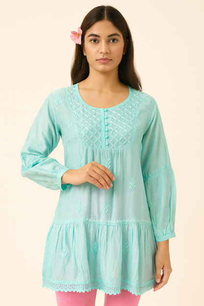 Lucknowi Chikankari Light Teal Green 'Bahar' Muslin Short Kurti-T50023