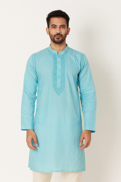 Lucknowi Chikankari Blue 'Aab-e-Asmaan' Cotton Gents Kurta-GK00008