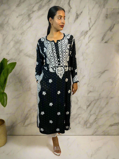 Lucknowi Chikankari Black Rayon Kurti-K000088