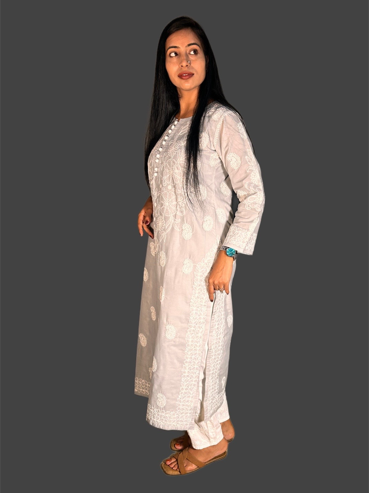 Lucknowi Chikankari Grey Cotton Kurti-K000046