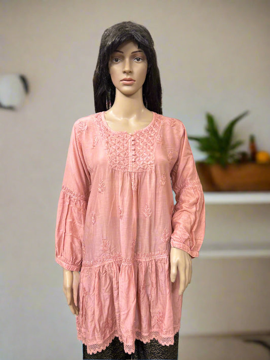 Lucknowi Chikankari Peach Muslin Short Kurti-T40015