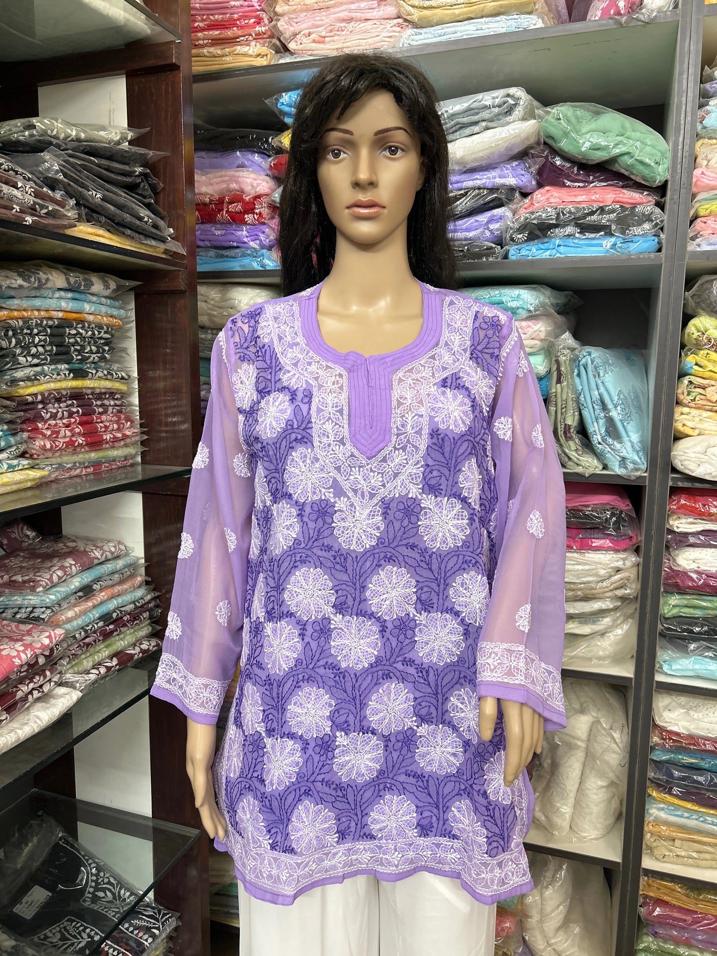 Lucknowi Chikankari Purple 'Jamuni' Georgette Short Kurti-T60001