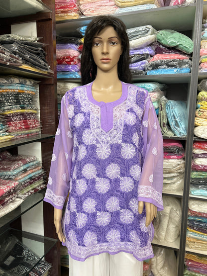 Lucknowi Chikankari Purple 'Jamuni' Georgette Short Kurti-T60001