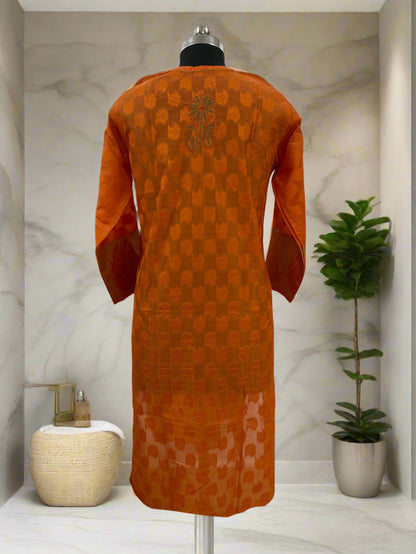 Lucknowi Chikankari Orange Chanderi Kurti-PE00009