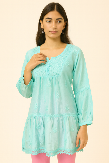 Lucknowi Chikankari Light Teal Green 'Bahar' Muslin Short Kurti-T50023