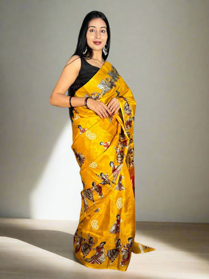 Lucknowi Chikankari Mustard Yellow Printed Faux Silk Saree-PF100001