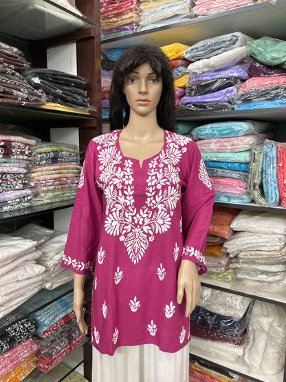 Lucknowi Chikankari Magenta 'Shagufta'  Modal Short Kurti-T000048