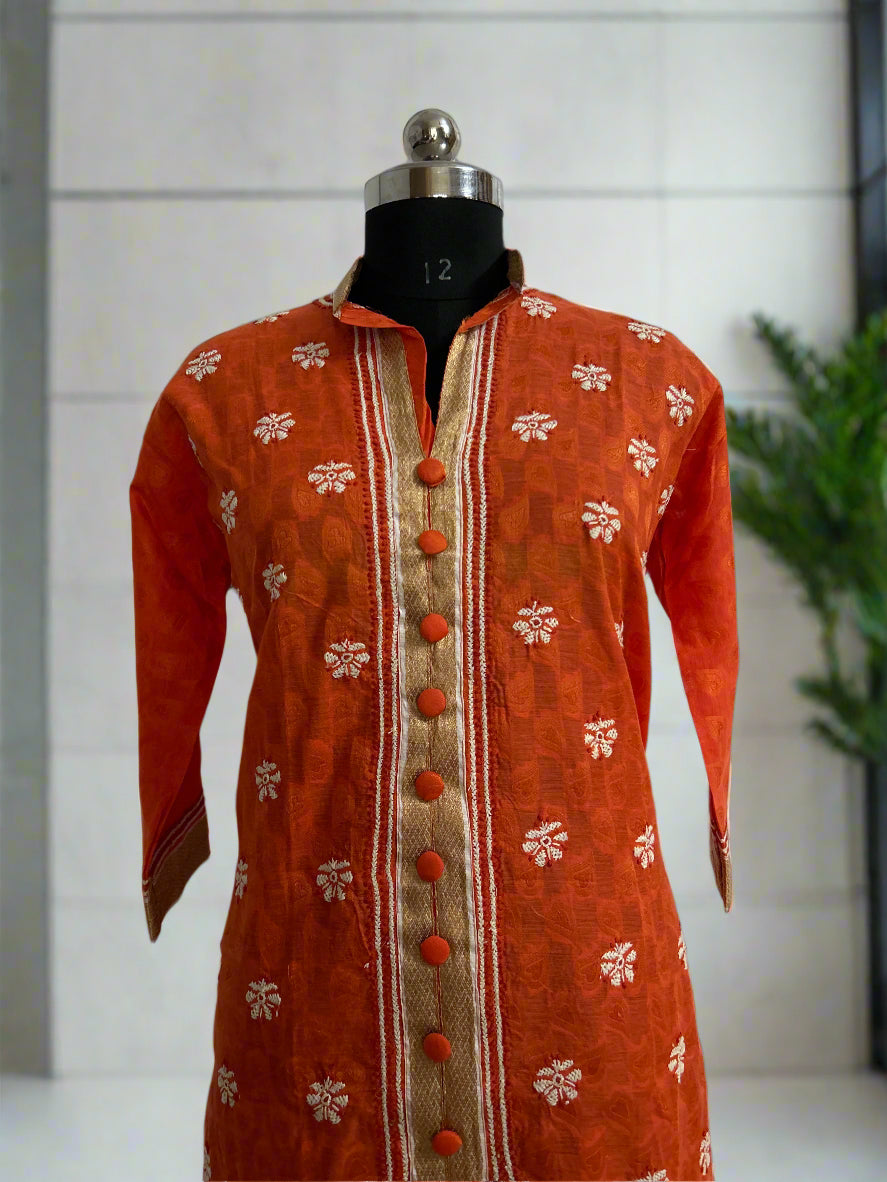 Lucknowi Chikankari Orange Chanderi Kurti-PE00011