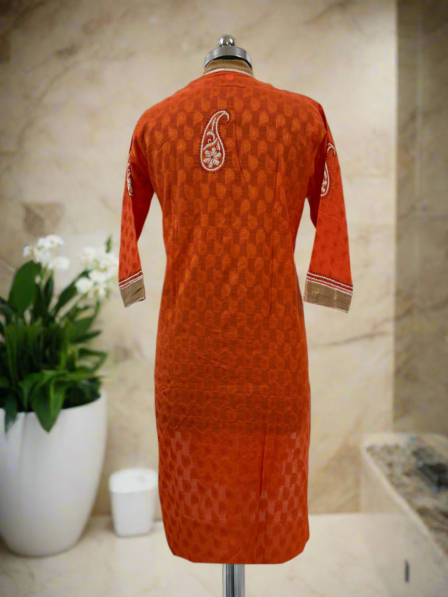 Lucknowi Chikankari Orange Chanderi Kurti-PE00011