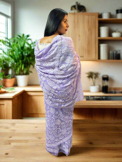 Lucknowi Chikankari Lavender Georgette Saree (With Blouse)-PF100009