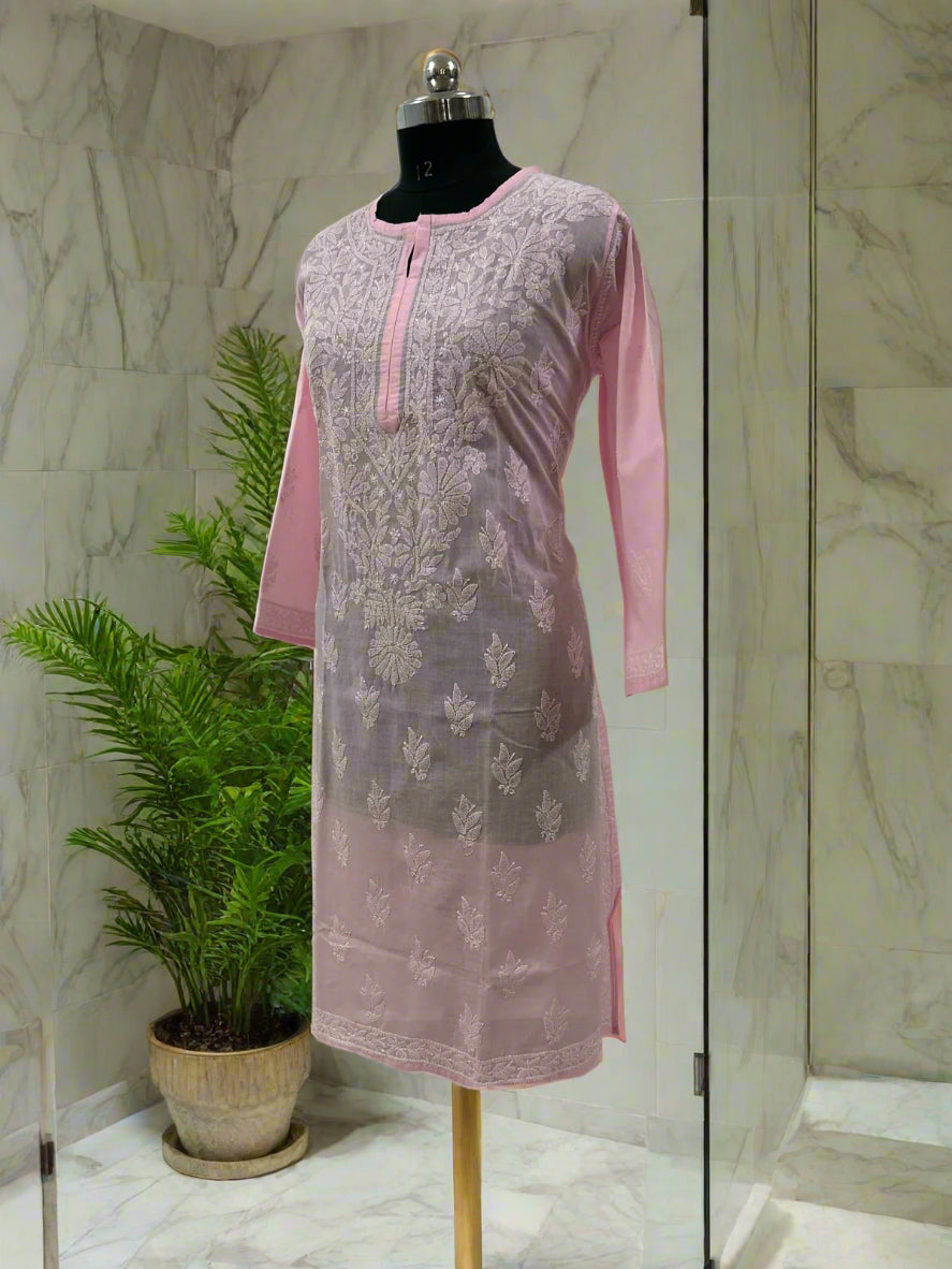 Lucknowi Chikankari Plus Size Pink Cotton Kurti-Pl100002