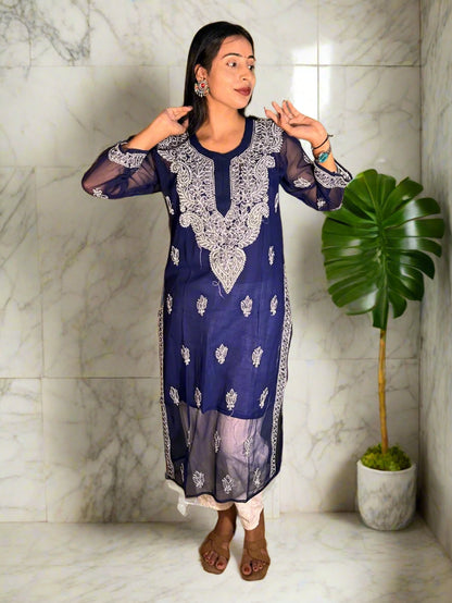 Lucknowi Chikankari Navy Blue Georgette Kurti-K000060