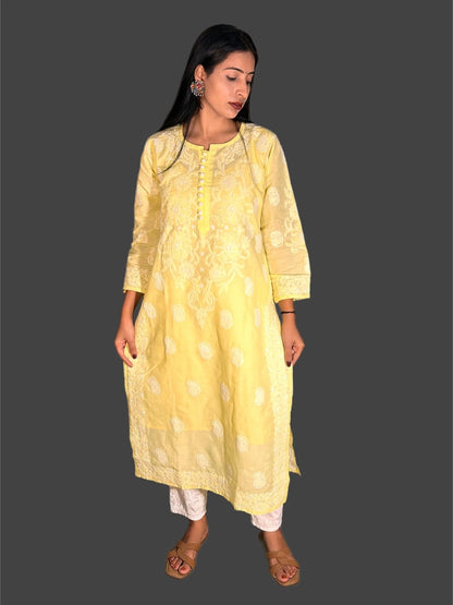 Lucknowi Chikankari Yellow Cotton Kurti-K000054