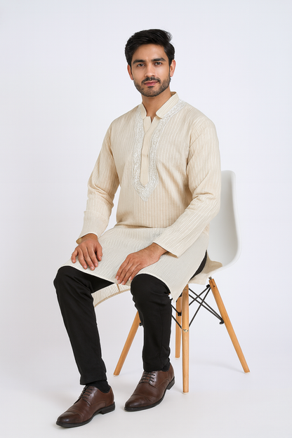 Lucknowi Chikankari Fawn 'Harnai Rang' Cotton Gents Kurta-GK00025