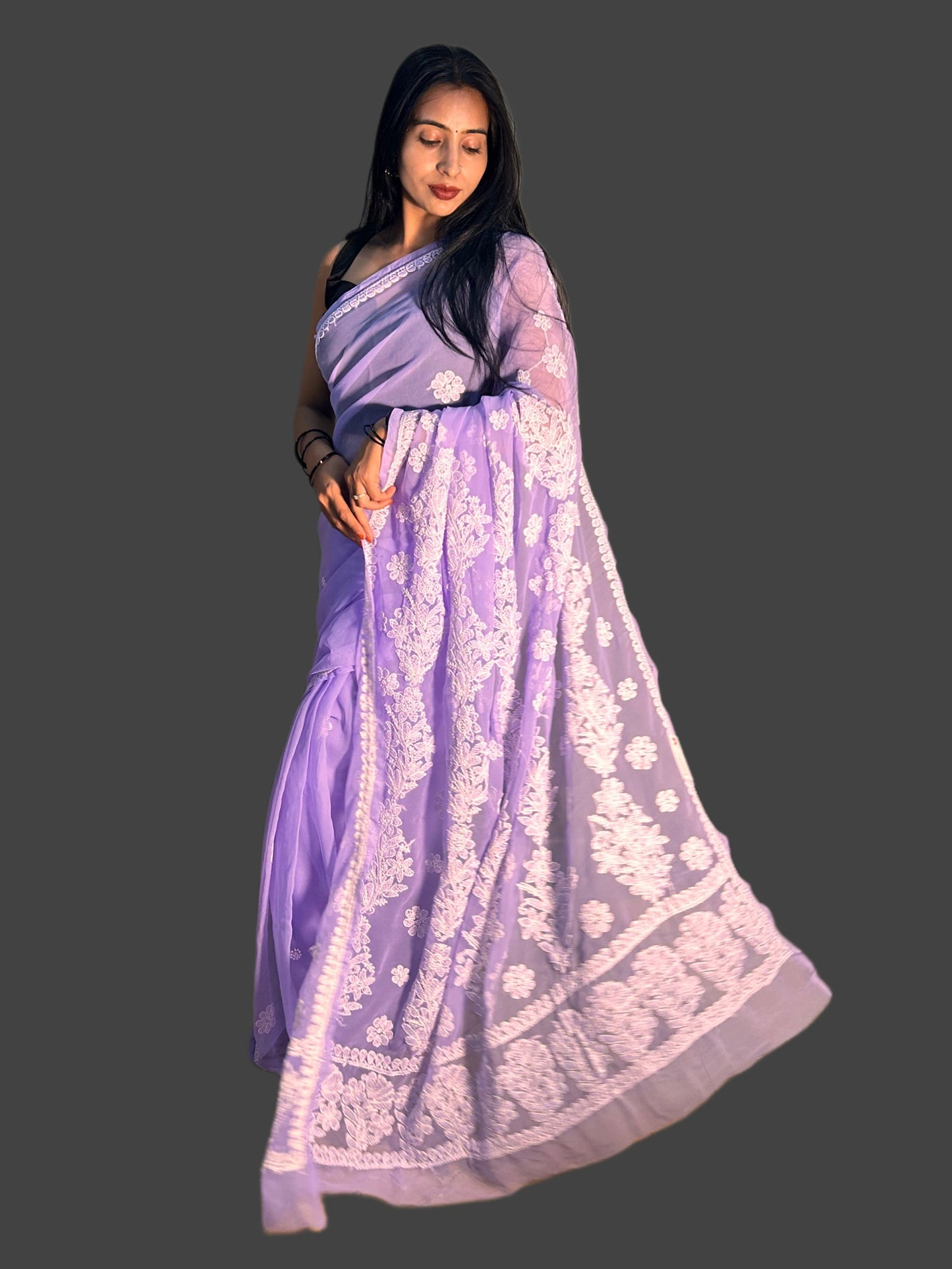 Lucknowi Chikankari Purple Georgette Saree (With Blouse)-S00008