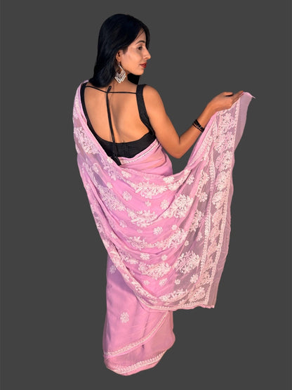 Lucknowi Chikankari Pink Georgette Saree (With Blouse)-S00011