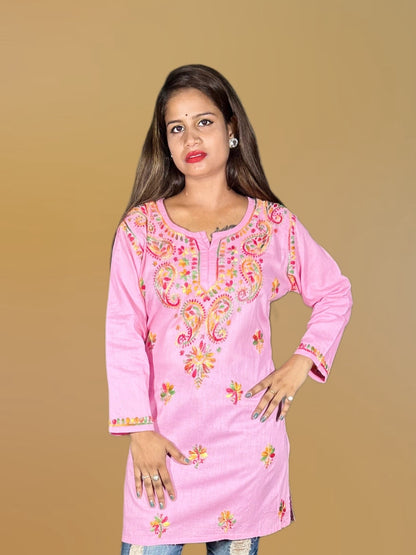 Lucknowi Chikankari Pink Cotton Short Kurti-T000009